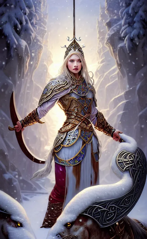 Image similar to opal viking warrior, regal, elegant, winter, snow, beautiful, stunning, hd, illustration, epic, d & d, fantasy, intricate, elegant, highly detailed, wide angle, digital painting, artstation, concept art, smooth, sharp focus, illustration, wallpaper, art by artgerm and greg rutkowski and alphonse mucha and jin xiaodi