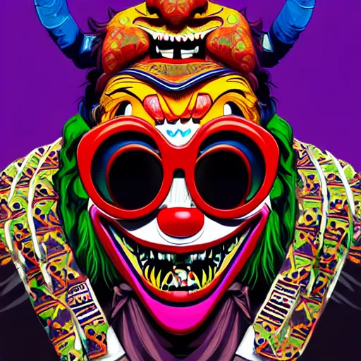 Prompt: barong family clown with ray - ban sunglasses, wiwek, mara demon, one single tribe member, jungle, one single mask, dark, joker, tribal, inner glow, art by dan mumford and justin gerard