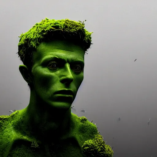 Image similar to Award-winning photograph by Mar Mann. The photo depicts a decaying roman bust of David Bowie overgrown with moss at the bottom of the sea in the middle of ruins of civilization. Minimalism, high definition, perfect composition. Deep sea picture. Very dark. Volumetric Lighting. Fish. Darkness. Ruins