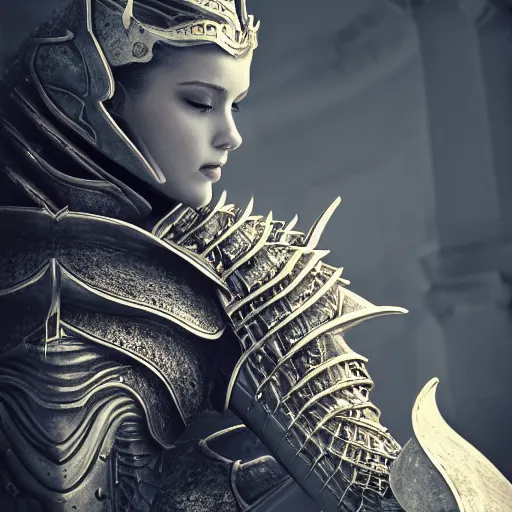 Image similar to highly detailed realistic stunning shot of a beautiful elegant anthropomorphic female dragon knight, resting a detailed and engraved longsword over her armored shoulder, sharp claws and tail, cloak flittering in the wind, high quality, HD octane render, epic cinematography, Artstation, Deviantart, Furaffinity