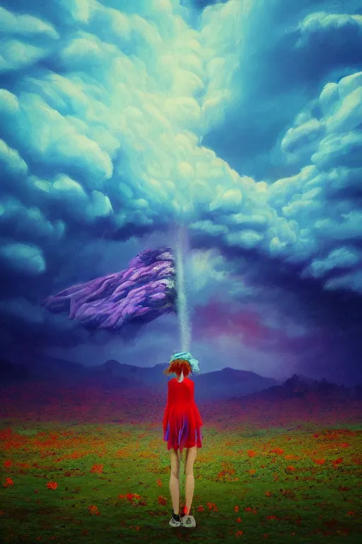 Image similar to closeup perspective, giant dahlia flower over the head, girl standing on mountain, surreal photography, blue storm clouds, dramatic light, impressionist painting, digital painting, artstation, simon stalenhag