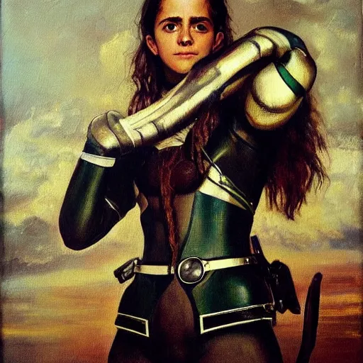 Prompt: a realistic painting by Gustave Courbet depicting the Kamen Rider suit fused with Emma Watson body in the Renaissance,smooth,Sharp focus, trending on Artstation.