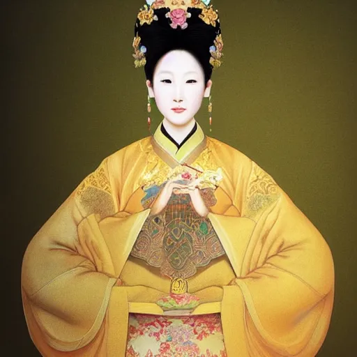 Image similar to hyper realism portrait of Chinese princess by Zhong, Fenghua and Ohara Koson and Klimt, Gustav, stunning, detailing, artstation trending, perfect lighting, golden hour, face detailing