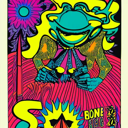 Image similar to Fillmore concert poster for The Bozone by Victor Moscoso and Rick Griffin, psychedelic, day-glo colors, flowing lettering