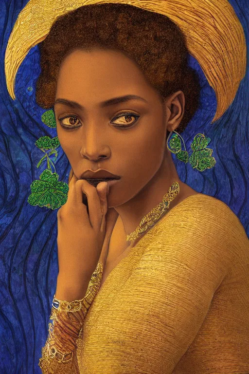 Image similar to Portrait of a Beautiful African female, sad green eyes, beautiful skin, elegant, jewellery, digital painting, Pre-Raphaelites, highly detailed, concept art, smooth, sharp focus, gold and indigo, illustration, art by Klimt .