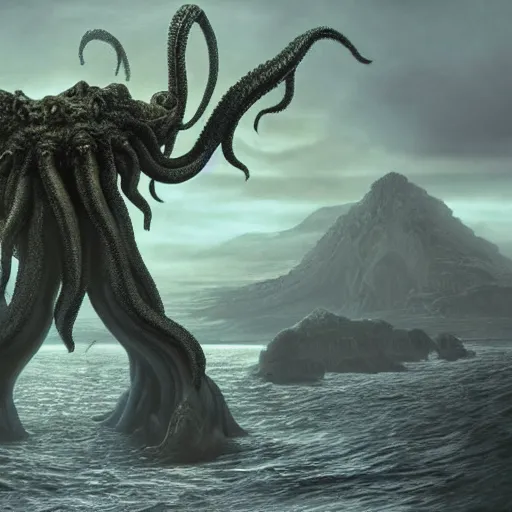 Prompt: photograph of a massive cthulhu in the distance, foggy, hyper realistic, photorealistic, highly detailed, taken on an iphone