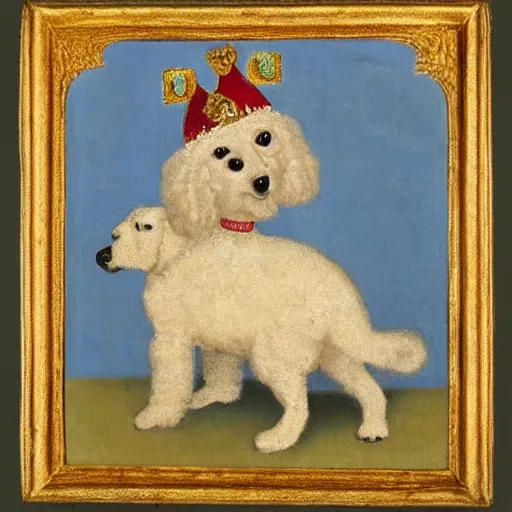 Image similar to bichon frise dog wearing a jester costume while standing on hind legs, medieval painting