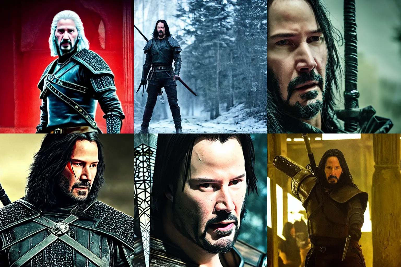Prompt: keanu reeves as the witcher, gritty portrait, film still