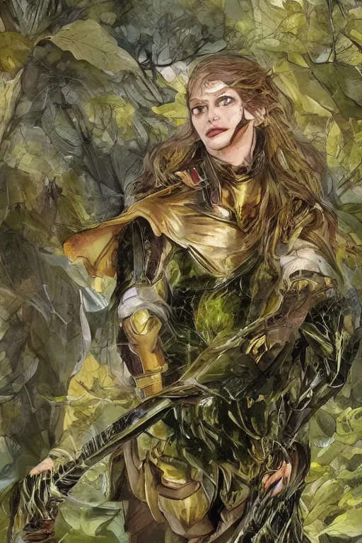 Image similar to female elven hunter armor made of yellow leaves, fantasy, amber eyes, face, long hair, intricate, elegant, highly detailed, digital painting, artstation, concept art, smooth, sharp focus, illustration, art by artgerm and greg rutkowski and alphonse mucha