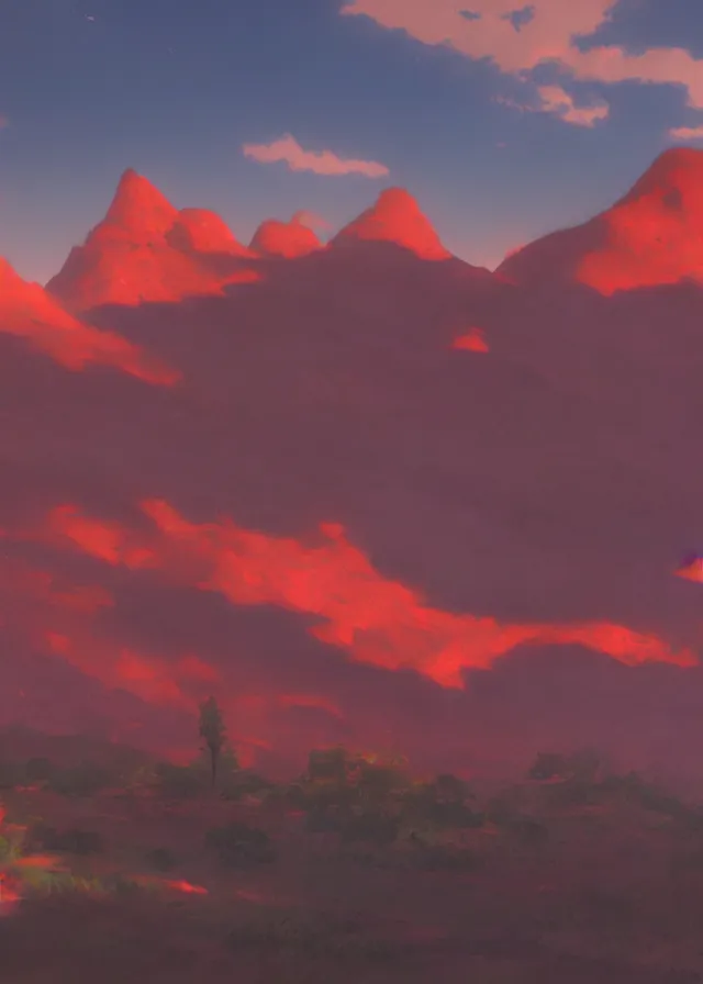 Image similar to landscape with red mountains, makoto shinkai