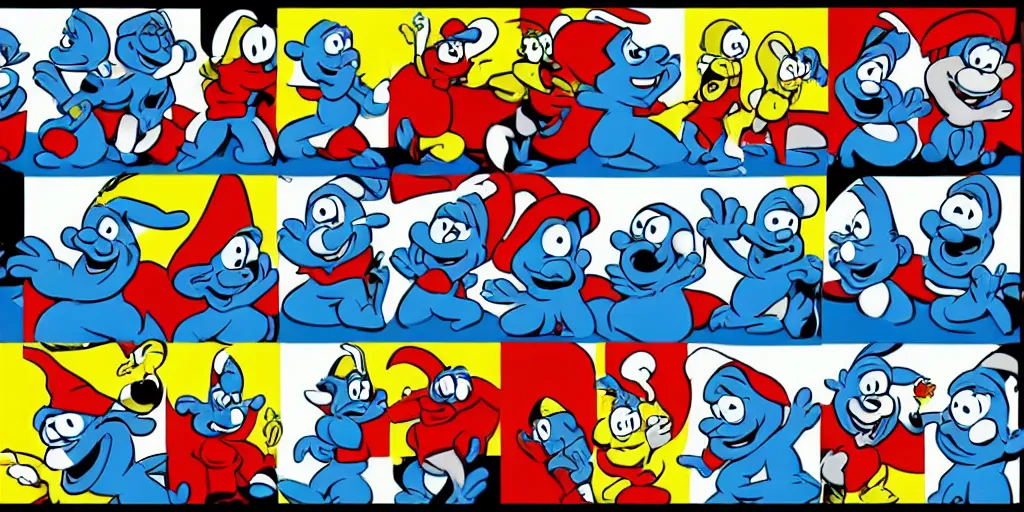 Image similar to the smurfs as superheroes, animation, cell animation, in the style of hanna barbera