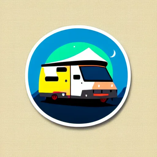 Image similar to minimal vector art sticker of a white and black cute thor chateau! motorhome camper!!, highway, mountains and colorful sunset!!, very very happy, dramatic, warm colors, crisp lines, very minimal vector art, sticker!! by tom whalen