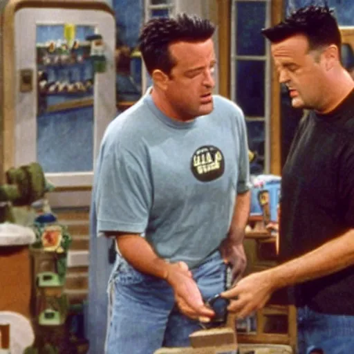 Prompt: A scene from Friends where Joey and Chandler starts to build a rocket from scratch