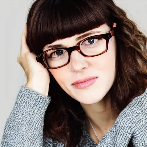 Prompt: portrait of a girl with bangs, brown hair and bangs, wearing an oversized sweater and round glasses with a thin silver frame, acting headshot