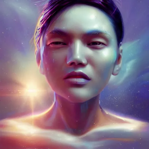 Image similar to 3 d, sci - fi, close - up, morning, smiling fashion model face, sun, cinematic, clouds, sun rays, vogue cover style, poster art, blue mood, realistic painting, intricate oil painting, high detail illustration, figurative art, multiple exposure, poster art, 3 d, by tooth wu and wlop and beeple and greg rutkowski