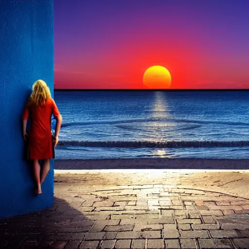 Image similar to a woman facing a blue interdimensional portal on the street, which shows a beach at sunset, rutkowski, fantasy