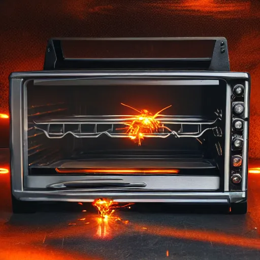 Image similar to toaster oven shangig by metallic cables, symmetry, dark messy smoke - filled cluttered workshop, dark, dramatic lighting, orange tint, sparks, cinematic, highly detailed, sci - fi, futuristic, movie still