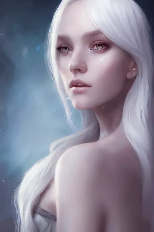 Prompt: a beautiful scientist girl with white iridescent hair color by charlie bowater and titian and artgerm, full - body portrait, intricate, face, elegant, beautiful, highly detailed, dramatic lighting, sharp focus, trending on artstation, artstationhd, unreal engine, 4 k