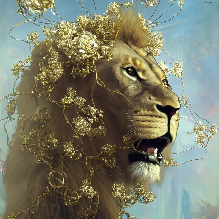 Image similar to hyperrealist portrait of a 2 0 4 4 space sport lion, it is decorated with long gold wires and white flowers that fall like vines and wears a huge computer crown. by jeremy mann and alphonse mucha, fantasy art, photo realistic, dynamic lighting, artstation, poster, volumetric lighting, dramatic light, very detailed faces, 8 k, award winning