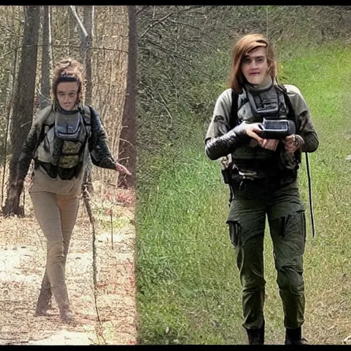 Prompt: trailcam footage of emma watson with a tactical net