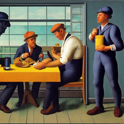 Image similar to a foreman calls his crew for lunch by Raphael, Hopper, and Rene Magritte. detailed, romantic, enchanting, trending on artstation.