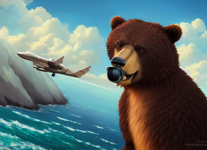 Image similar to character portrait feature of the anthro male anthropomorphic kamchatka brown bear fursona wearing airline pilot outfit uniform professional pilot for the us air force character design stylized by charlie bowater, ross tran, artgerm, and makoto shinkai, detailed, soft lighting, rendered in octane, maldives in background