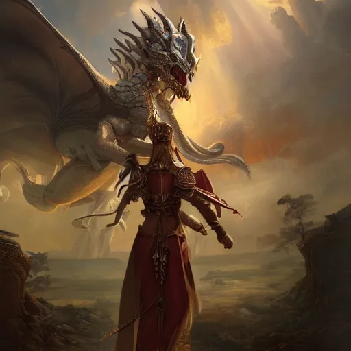 Prompt: breathtaking detailed concept art painting of young girl in armor standing on the back of a dragon, orthodox saint ornate background, by hsiao - ron cheng, very bright lights, 8 k