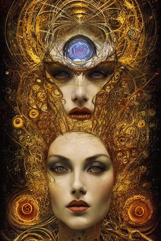 Image similar to Intermittent Chance of Chaos Muse by Karol Bak, Jean Deville, Gustav Klimt, and Vincent Van Gogh, enigma, destiny, fate, unearthly gears, otherworldly, fractal structures, prophecy, ornate gilded medieval icon, third eye, spirals