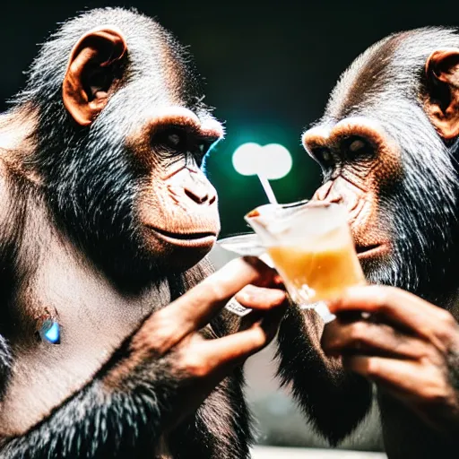 Prompt: two apes drinking a cocktail on a fancy new york roof top, close up, fancy club lights