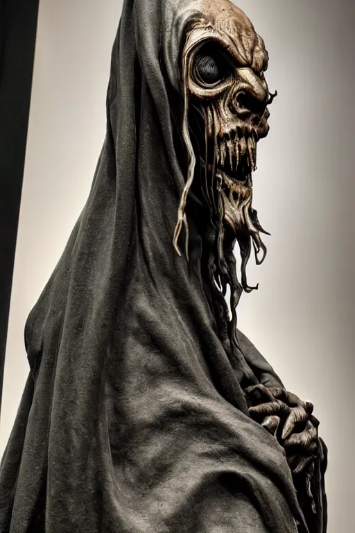 Image similar to photo taken of an epic intricate, ultra detailed, super realistic sculpture of a nightmarish hellish demonic hooded grim reaper sculpture on display in a workshop, created by weta workshop, head shots, photorealistic, sharp focus, f 0. 4, face centred, golden ratio