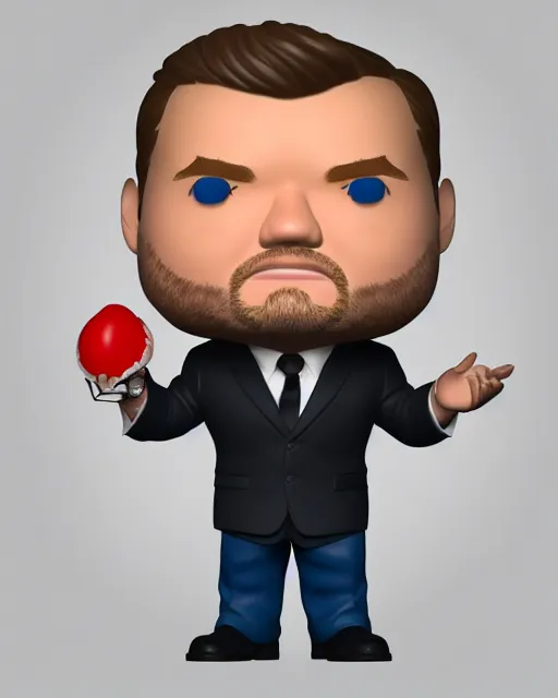 Image similar to full body 3d render of James Corden as a funko pop, studio lighting, white background, blender, trending on artstation, 8k, highly detailed