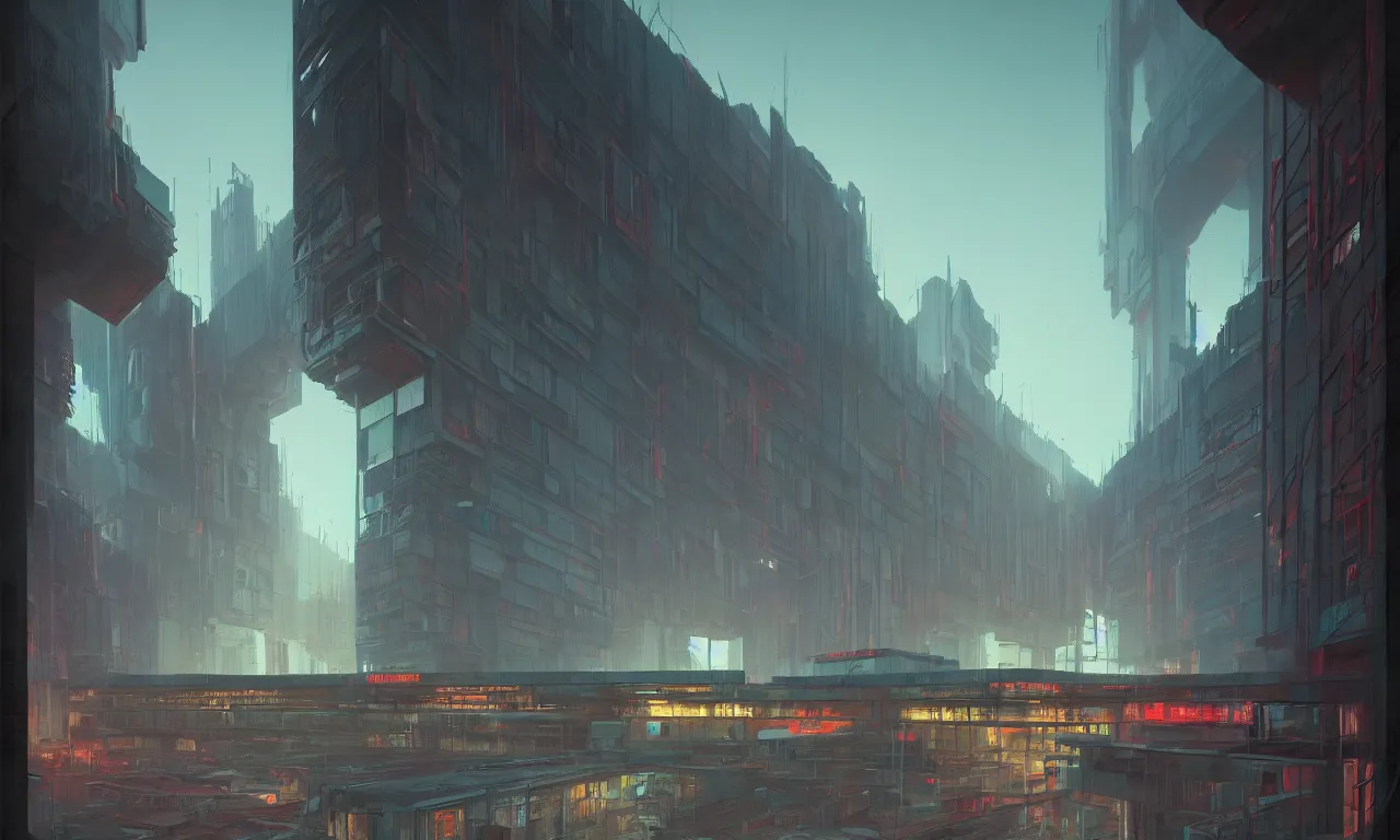 Prompt: brutalist architecture, colorful neon lighting, raphael lacoste, eddie mendoza, alex ross, concept art, matte painting, highly detailed, rule of thirds, dynamic lighting, cinematic, detailed, denoised, centered