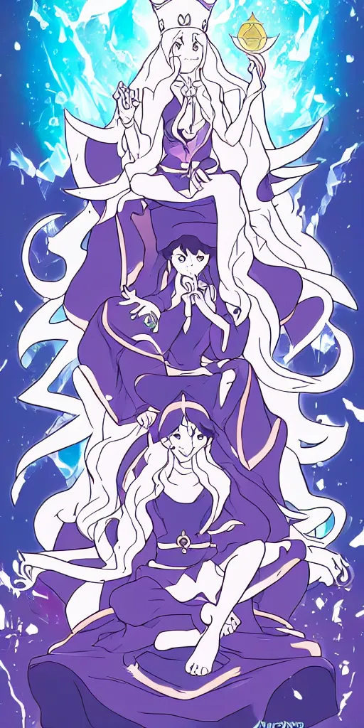 Image similar to a spiritual guru sitting on a throne of ice drawn by studio trigger, in the style of Little Witch Academia, spiritual enlightenment, tarot card