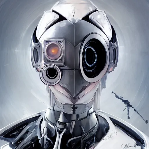 Image similar to portrait of a character with many robotic eyes, wearing sleek clothes, wearing a flowing white tailcoat, wearing a futuristic insectoid armored white mask with five circular lenses for eyes, the mask covers his entire face, many eyes, dramatic lighting, illustration by Greg rutkowski, yoji shinkawa, 4k, digital art, concept art, trending on artstation