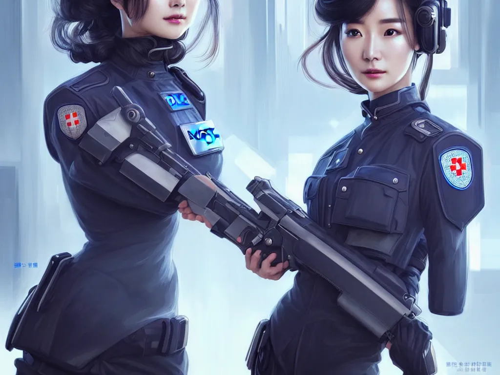 Image similar to portrait futuristic swiss police uniform female yang mi, at future neon light rooftop, ssci - fi and fantasy, intricate and very very beautiful and elegant, highly detailed, digital painting, artstation, concept art, smooth and sharp focus, illustration, art by tan zi and ayanamikodon and alphonse mucha and wlop
