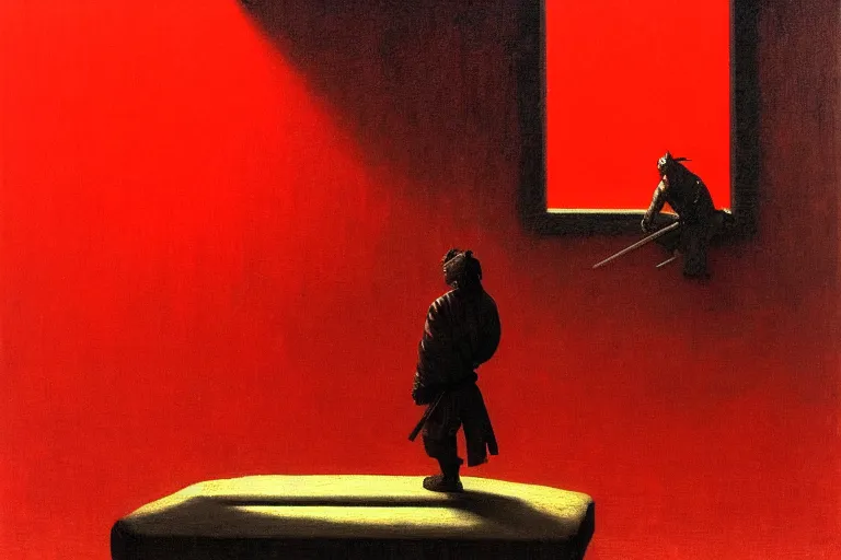 Image similar to only with red, a red samurai do seppuku, tokio, a lot of frogs watch, in the style of beksinski, parts by edward hopper, parts by rodcenko, parts by yue minjun, intricate and epic composition, red by caravaggio, insanely quality, highly detailed, masterpiece, red light, artstation, 4 k