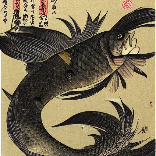 Prompt: carp falling from the sky, yoshitaka amano