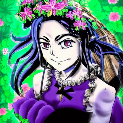 Image similar to a jojo's bizarre adventure manga artstyle colorful sketch : Marie the mother of Jesus resembling Jolyne Kujo, smiling with her mouth shut, not looking at the camera, with a saint aureola, black and white, wearing a veil, shamrocks and lilies in the background by by hirohiko araki shonen jump, crisp details, realistic, featured on Artscape