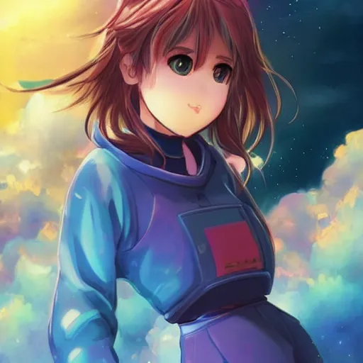 Image similar to over the cloud there is a cosmic girl A young female looks like kasumi arimura with wolor explosion background trending on artstation and twitter by Yoneyama Mai and Krenz Cushart, trending on pixivpour technique, she isColorful astronaut, flowing robe, floating , colorful nebula, derelict space ship, science fiction spaceman, space, futuristic spacesuit, cover art, cinematic, highly detailed, strong line work, Alphonse Mucha, John Harris, 4k render, 4k post, hyper detailed