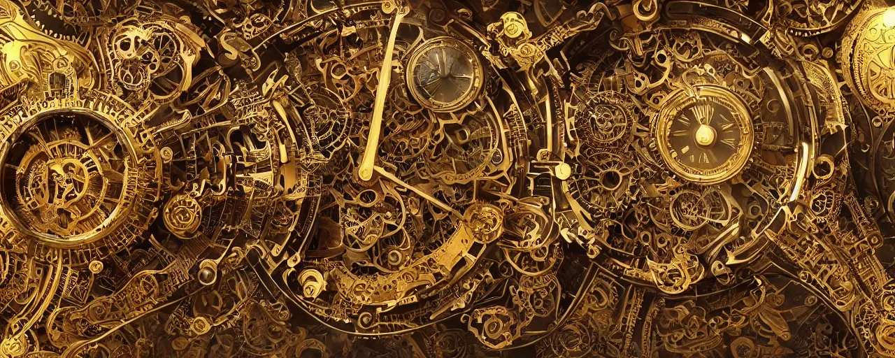 Prompt: dynamic composition, intricate layered golden clockwork machine with cogs!!!!!! and gears!!!, extremely detailed, steampunk, art deco!, ornate gilded cosmic machine, in the style of simon lee and jama jurabaev, engraved, artgerm, wlop, featured on cgsociety, unreal engine, 8 k render, octane, raytracing