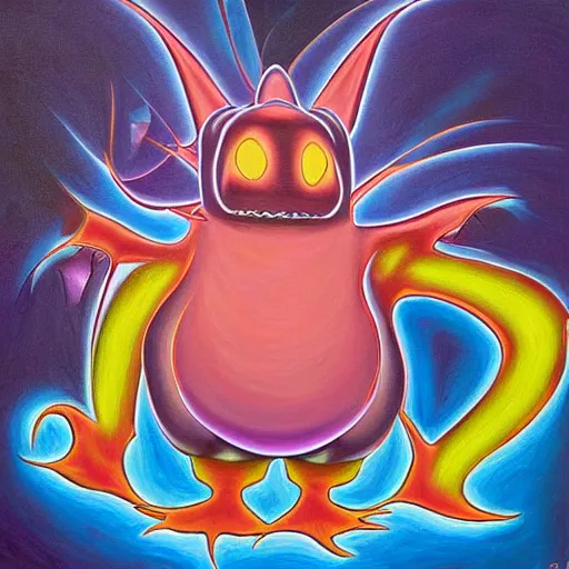 Prompt: a painting of an energetic Gengar relaxing by flooko, alex grey, glows,