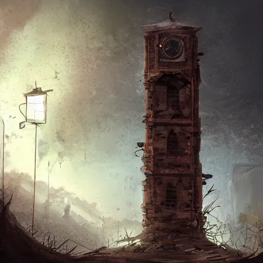 Image similar to an abandoned old,rusty, clock tower in a dark enormous cave, painting, illustration, Concept art, art station, DeviantArt