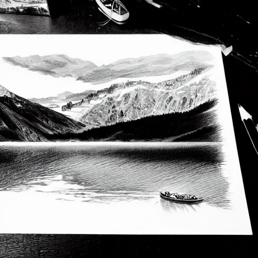 Image similar to a drawing of lago di sorapis, in the style of den yakovlev, black and white, hyper realistic, highly detailed