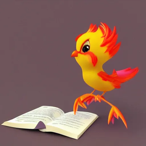 Prompt: a ting cute adorable phoenix fledgling learning to read | digital art | 3D | Render | Raytracing