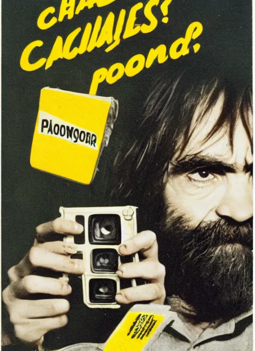 Image similar to vintage advertisement for a polaroid camera, charles manson slipping on a banana peel