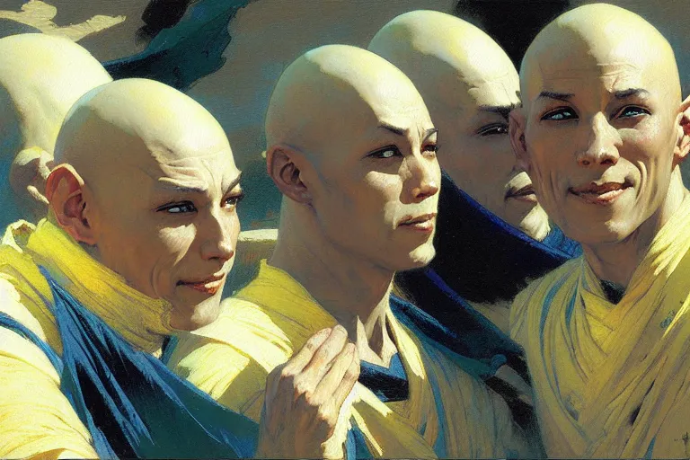 Image similar to bald monks from the last airbender, painting by gaston bussiere, craig mullins, j. c. leyendecker