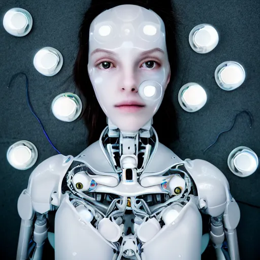 Prompt: beautiful centered fine art photo portrait of sleepy beautiful girl as a solarpunk robotic humanoid, real human face, white mechanical parts with led lights, photorealistic, white background, highly detailed and intricate, soft box lighting, hdr 8 k