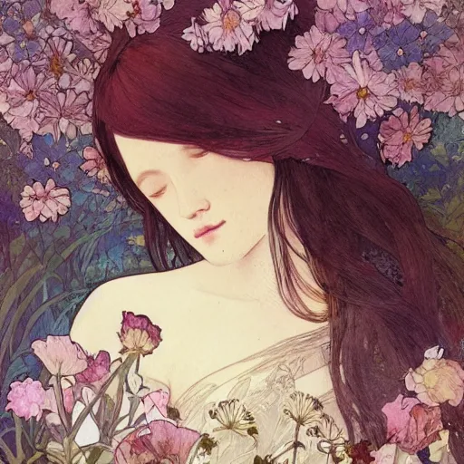 Image similar to a beautiful intricate watercolor illustration of a sleeping girl with flowers,, 4 k, ultra - wide angle, by william turner, by victo ngai, by alphonse mucha, by miho hirano, by moebius, hd, trending on artstation, hyper detailed, muted intense colors