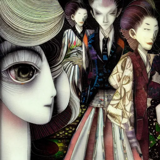 Image similar to yoshitaka amano blurred and dreamy realistic illustration of a woman with black eyes and white hair wearing dress suit with tie, junji ito abstract patterns in the background, satoshi kon anime, noisy film grain effect, highly detailed, renaissance oil painting, weird portrait angle, blurred lost edges, three quarter view