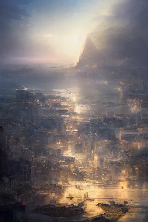 Image similar to magnificent view of the city of atlantis rising on the sea, intricate, elegant, volumetric lighting, digital painting, highly detailed, artstation, sharp focus, illustration, concept art, ruan jia, steve mccurry